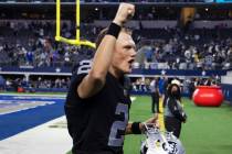 Raiders kicker Daniel Carlson (2) celebrates after making the winning field goal in overtime du ...