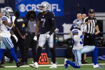 Raiders wide receiver Zay Jones (7) celebrates a pass interference call in front of Dallas Cowb ...