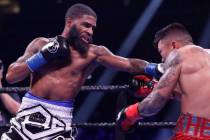 Stephen Fulton, left, punches Ukraine's Arnold Khegai during the seventh round of a WBO Interco ...