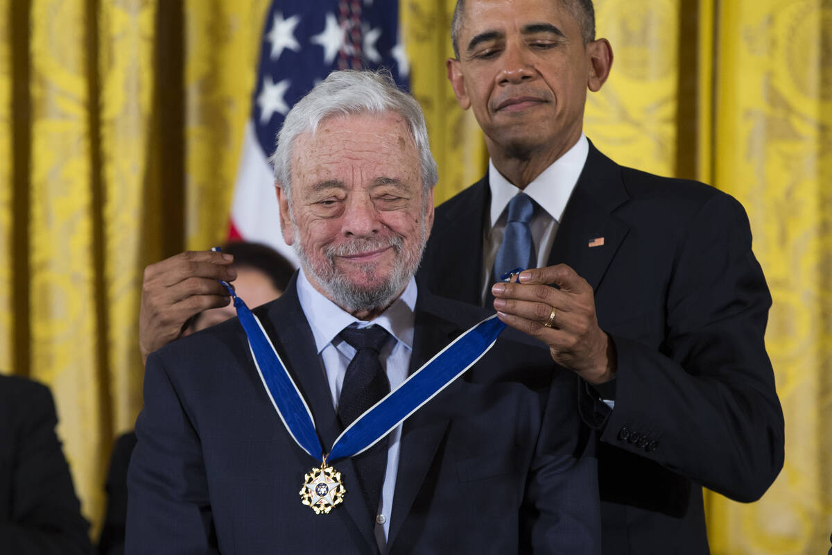 President Barack Obama, right, presents the Presidential Medal of Freedom to composer Stephen S ...