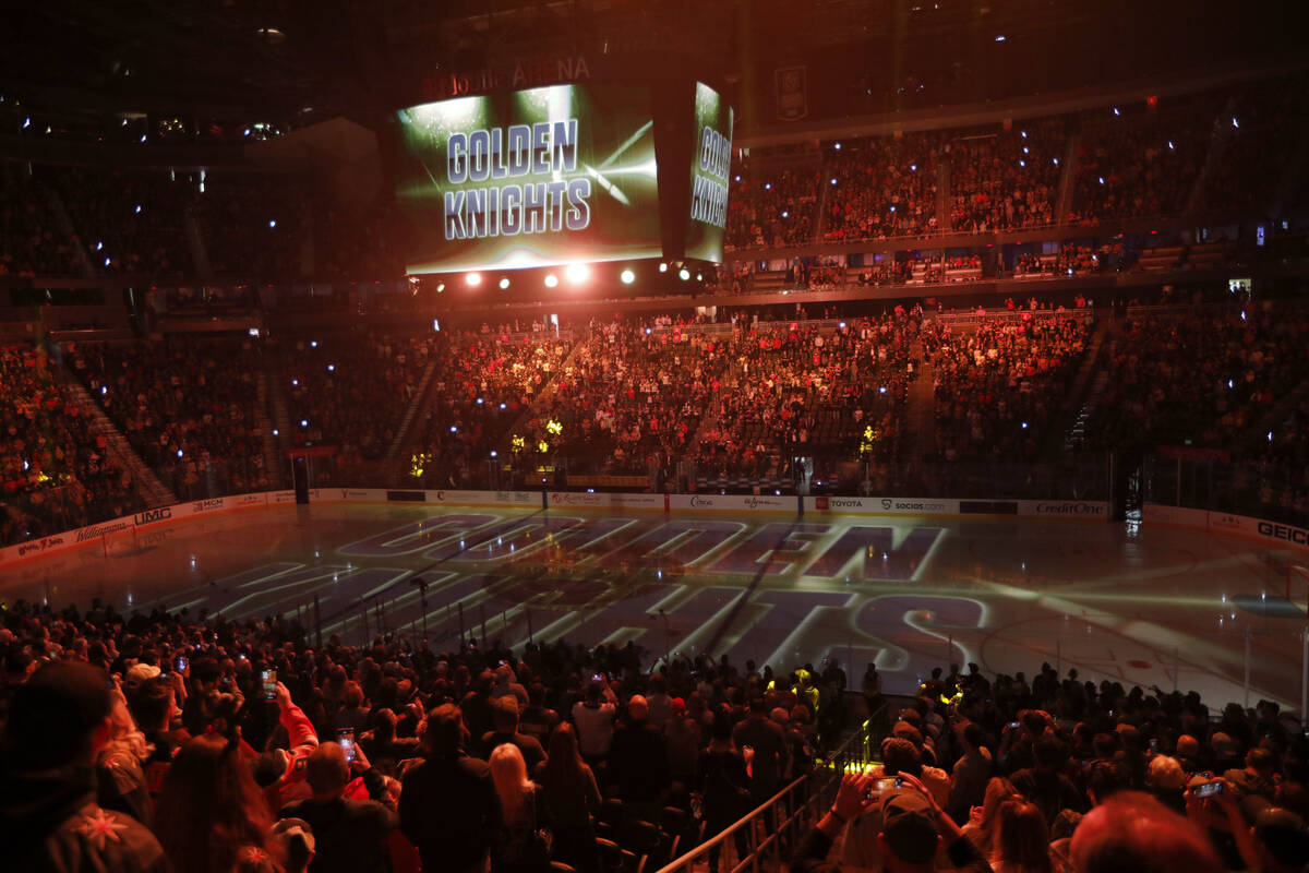 A Golden Knights sign is seen on the screen before an NHL hockey game against the Edmonton Oi ...