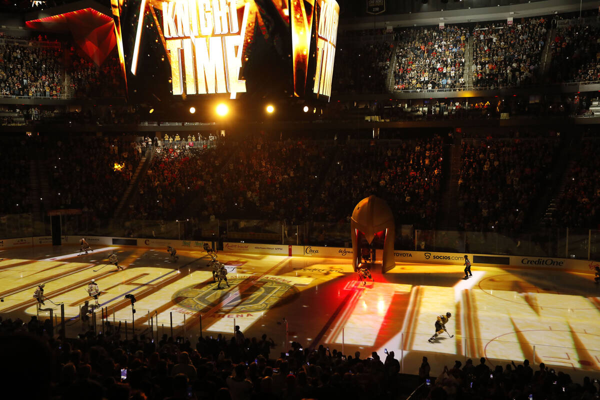 Golden Knight players skate before an NHL hockey game against the Edmonton Oilers at T-Mobile A ...