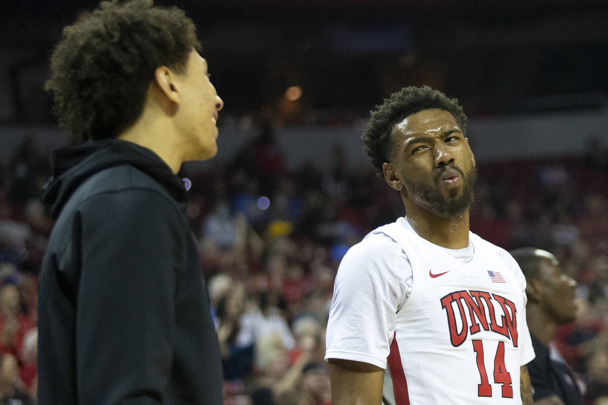 UNLV Rebels forward Royce Hamm Jr. (14) reacts to a play with forward Reece Brown (15) during t ...