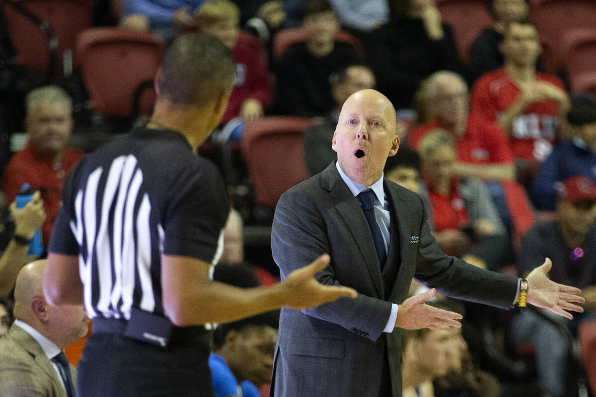 UCLA Bruins head coach Mick Cronin communicates with a referee during the second half of an NCA ...