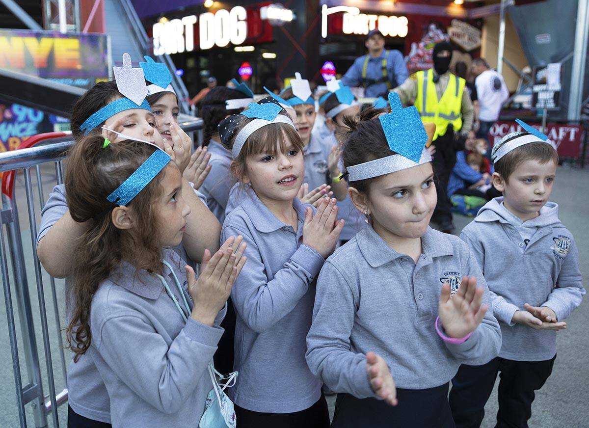 Desert Torah Academy Children's Choir waits to perform during a celebration of the first night ...