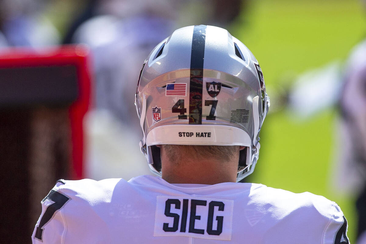 A view of the back of the Raiders helmet worn by Las Vegas Raiders long snapper Trent Sieg (47) ...