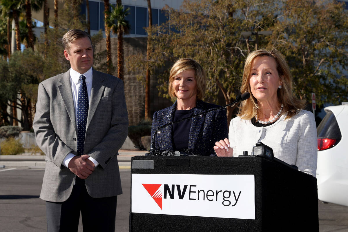 RTC CEO MJ Maynard, right, speaks as U.S. Rep. Susie Lee, D-Nev. and Doug Cannon, president and ...