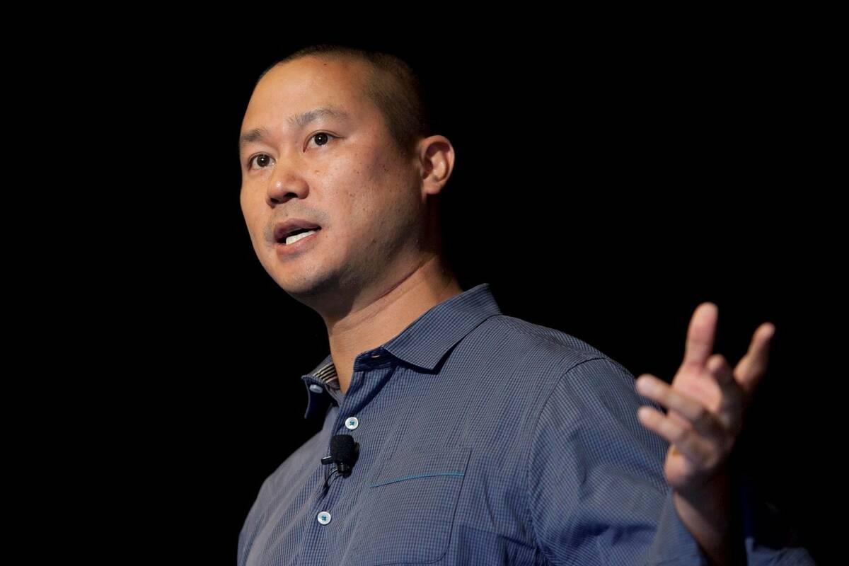 Tony Hsieh speaks during a Grand Rapids Economic Club luncheon in Grand Rapids, Mich., in 2013. ...