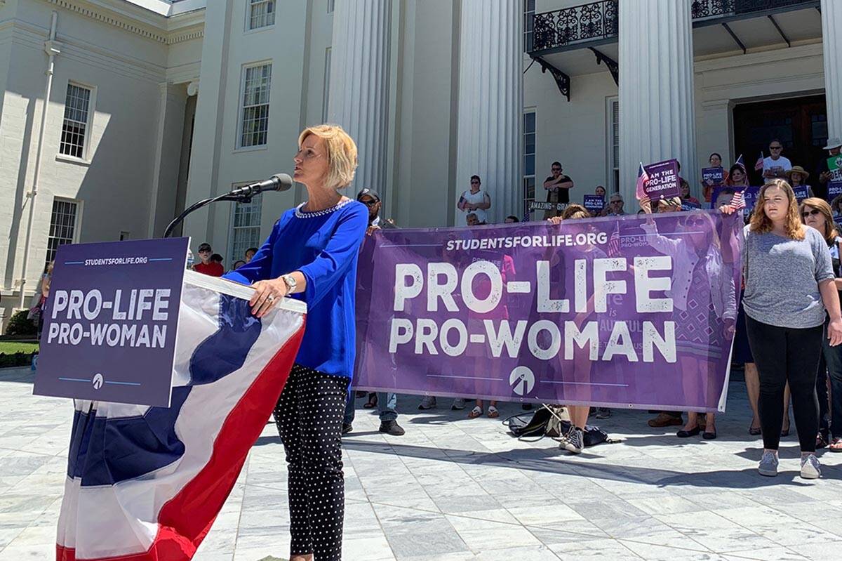 Beck Gerritson, president of Eagle Forum of Alabama, speaks at an anti-abortion rally outside t ...