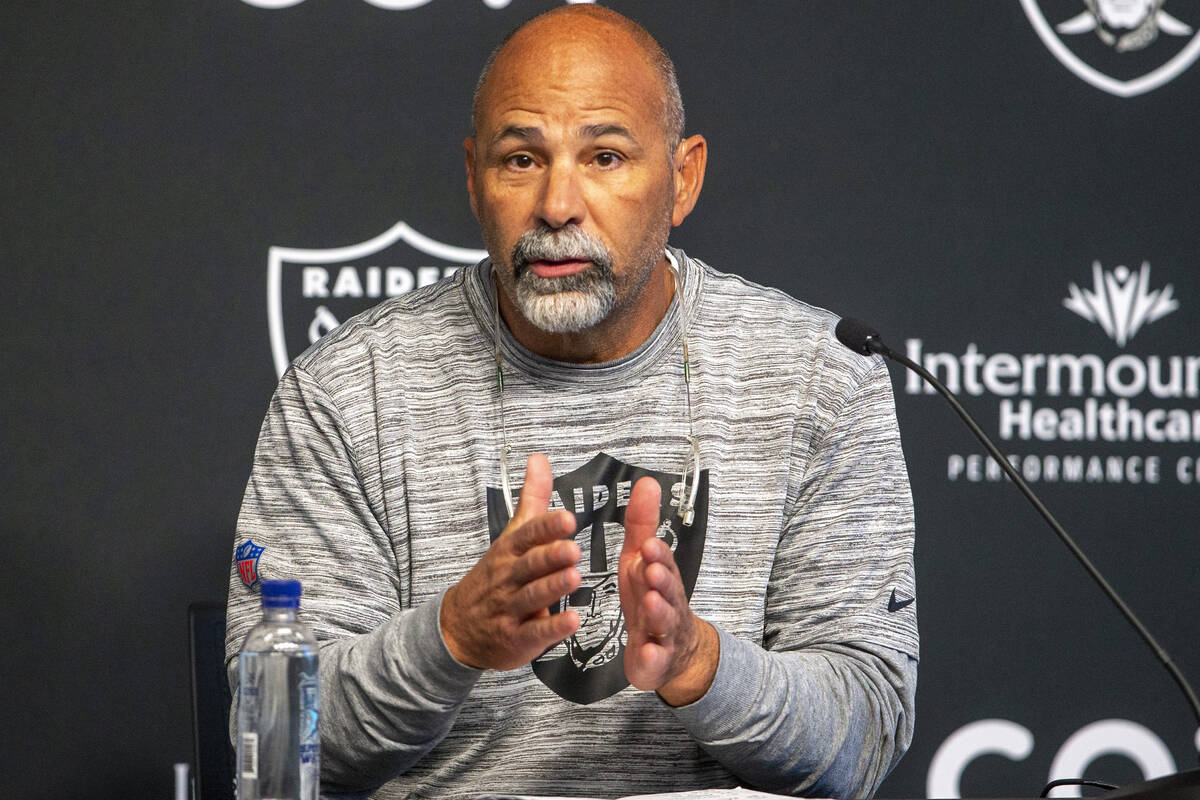 Raiders interim head coach Rich Bisaccia answers questions during a press conference at Raiders ...