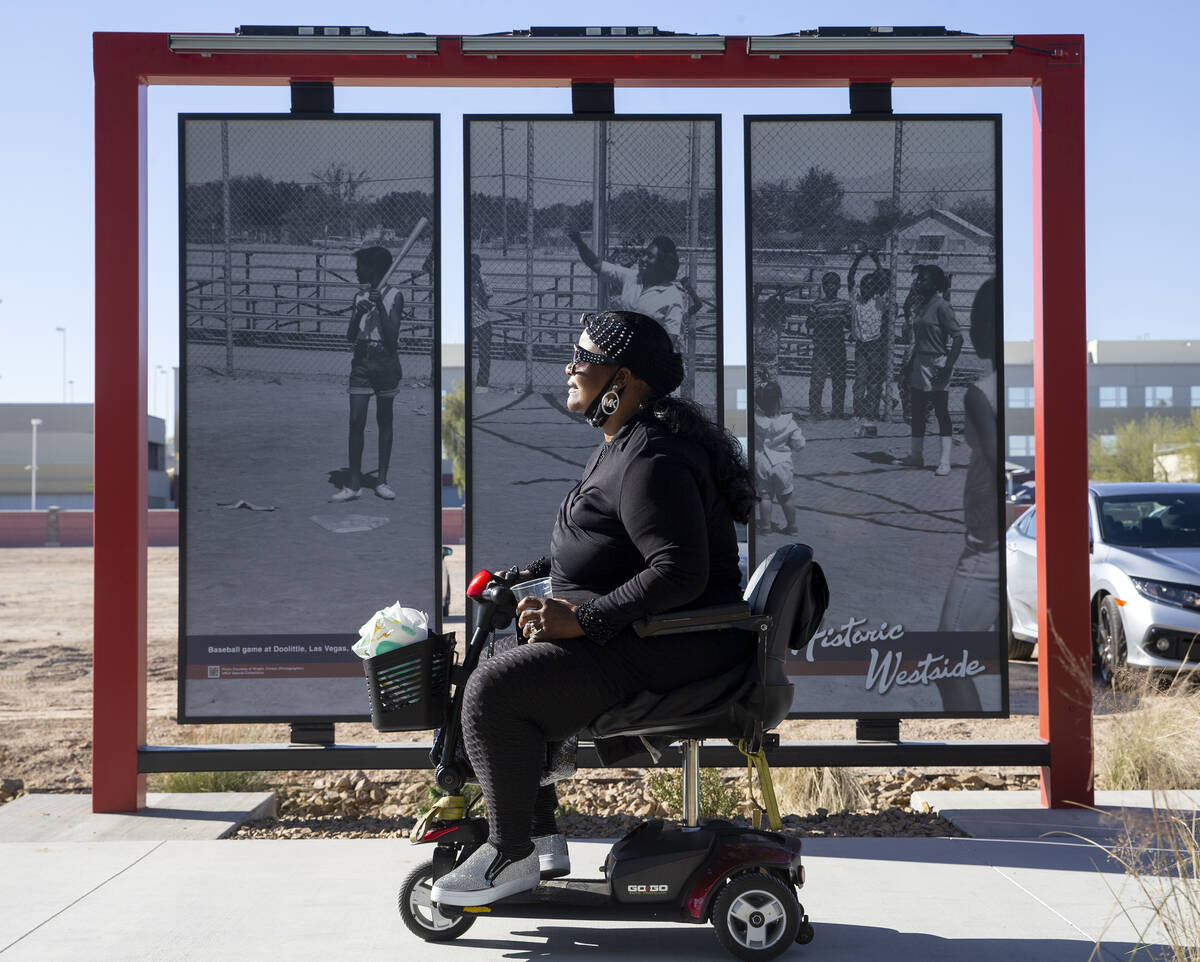 Sandra King views the Historic Westside timeline at the new Historic Westside Legacy Park on Sa ...