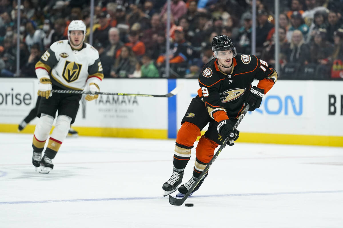 Anaheim Ducks' Troy Terry moves the puck during the second period of an NHL hockey game against ...
