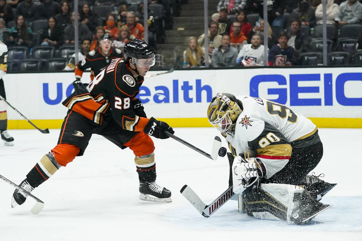 Vegas Golden Knights goaltender Robin Lehner, right, makes a save against Anaheim Ducks' Vinni ...