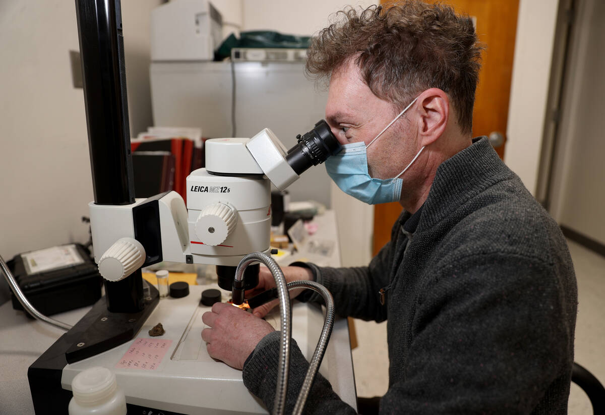 Professor Oliver Tschauner manipulates a sample in his office at UNLV Monday, Nov. 22, 2021. Ts ...