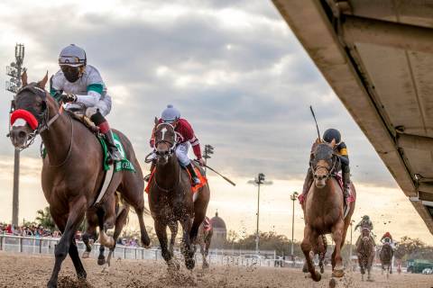 In this image provided by Hodges Photography, Hot Rod Charlie, left, with Joel Rosario aboard, ...