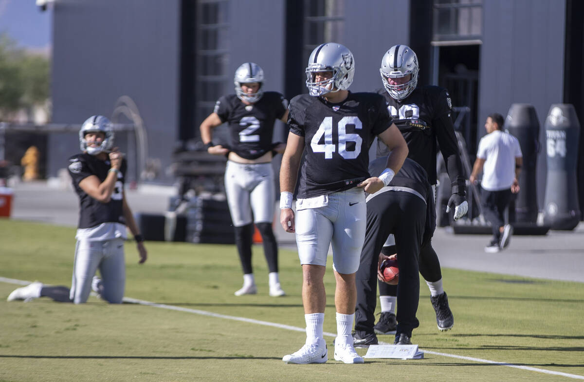 Raiders long snapper Carson Tinker (46) looks on during practice at Raiders headquarters at the ...