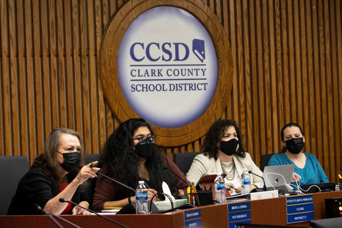 Clark County School District Board of Trustees President Linda Cavazos, left, speaks as Vice Pr ...