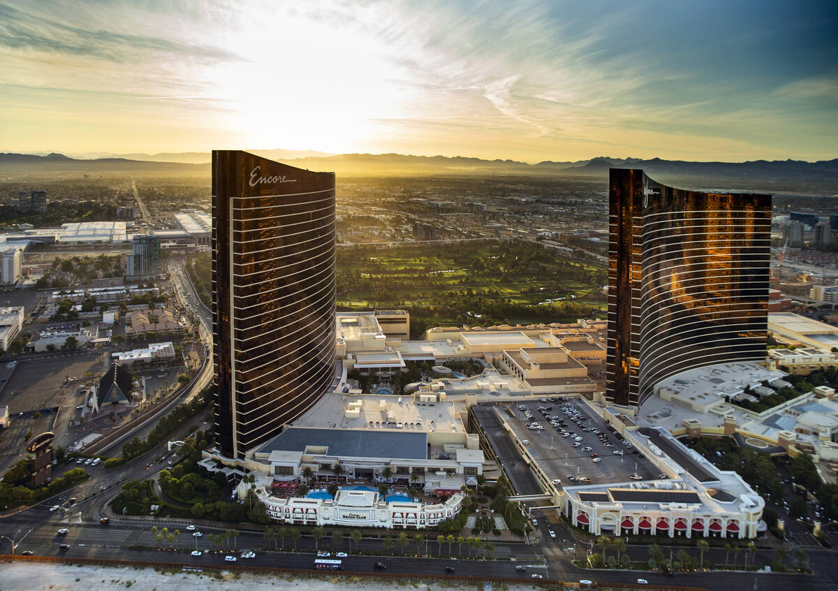 The Encore and Wynn Las Vegas during an aerial photo on Wednesday, Oct. 16, 2019, in Las Vegas. ...