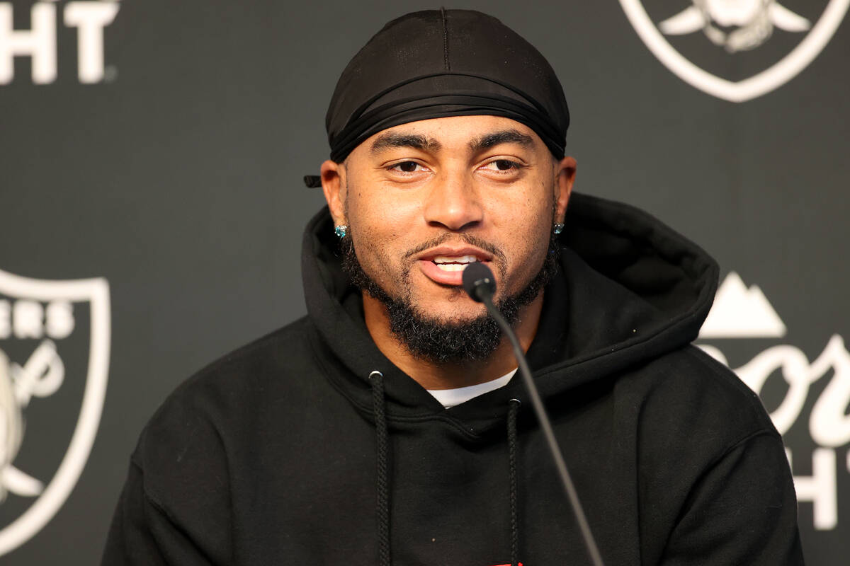 Raiders wide receiver DeSean Jackson (1) speaks during a press conference at the Raiders Headqu ...