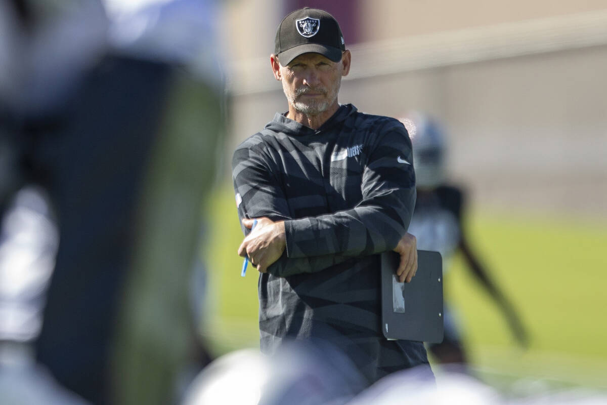 Raiders general manager Mike Mayock looks on during a practice session at the Raiders Headquart ...