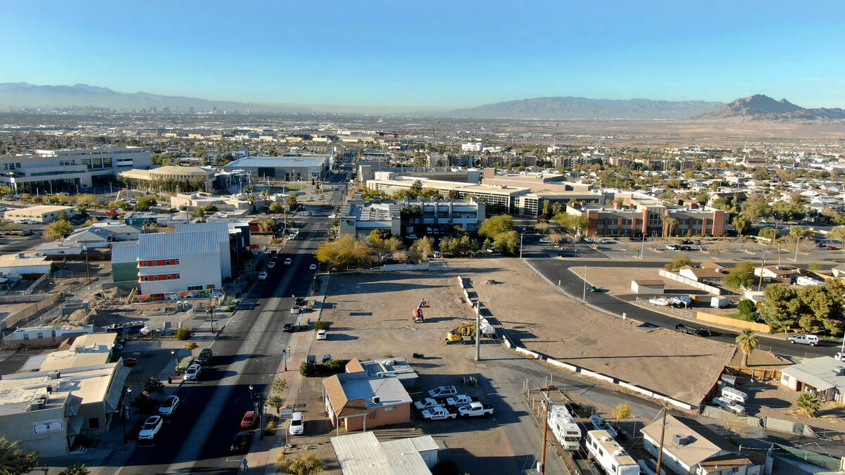 An aerial photo of property in downtown Henderson on Water Street where a plan for construction ...