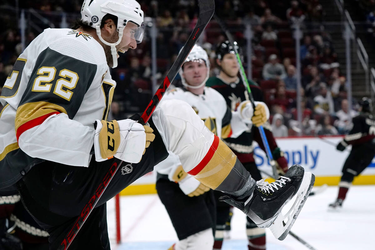 Vegas Golden Knights center Michael Amadio (22) celebrates his goal against the Arizona Coyotes ...