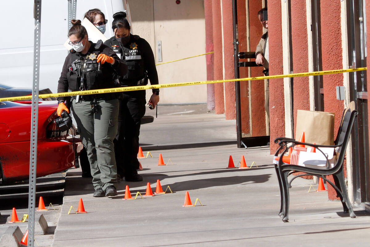 Las Vegas police investigate a homicide, Feb. 20, 2021, near the 6000 block of West Flamingo Ro ...