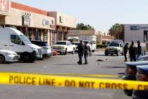 Las Vegas police investigate a homicide, Feb. 20, 2021, near the 6000 block of West Flamingo Ro ...