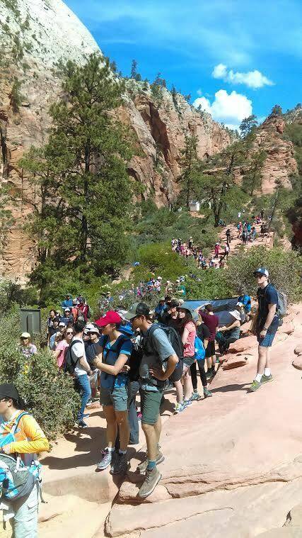 In this May 28, 2016 photo, people line up at Angels Landing in Zion National Park, Utah. (Zion ...