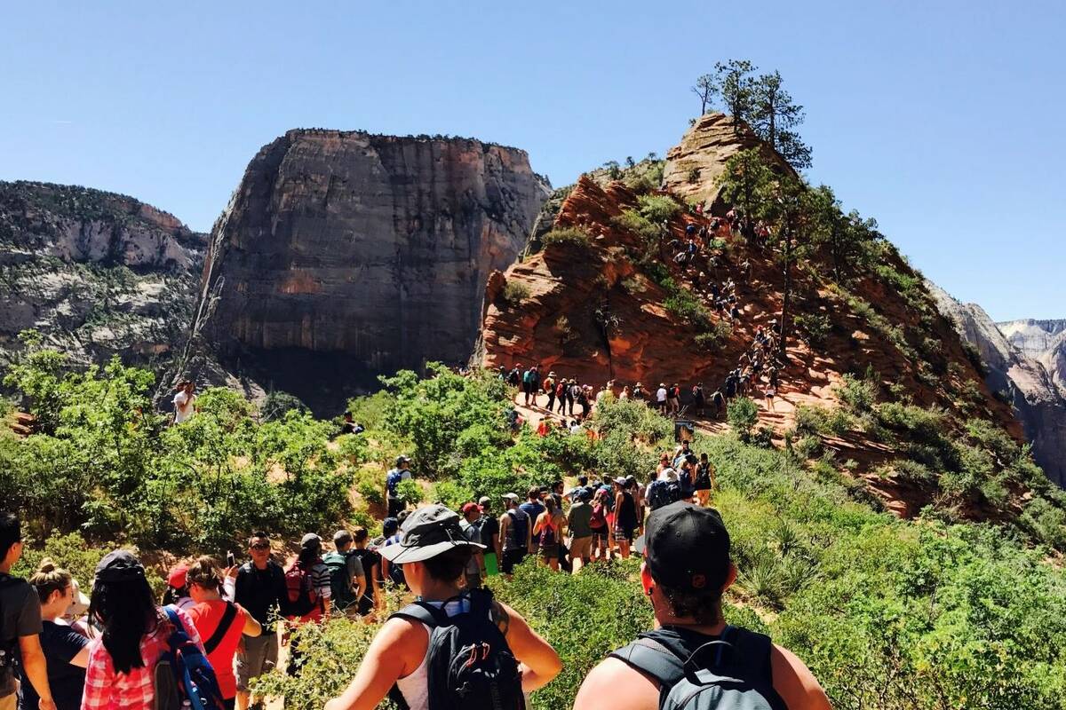 Hikers line up on the Angels Landing Trail at Zion National Park. (Brian Farner/Courtesy)
