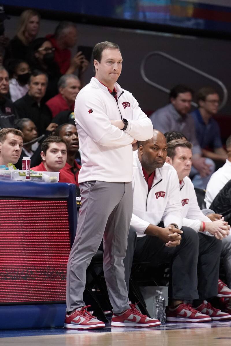 UNLV head coach Kevin Kruger watches play against SMU during an NCAA college basketball game in ...