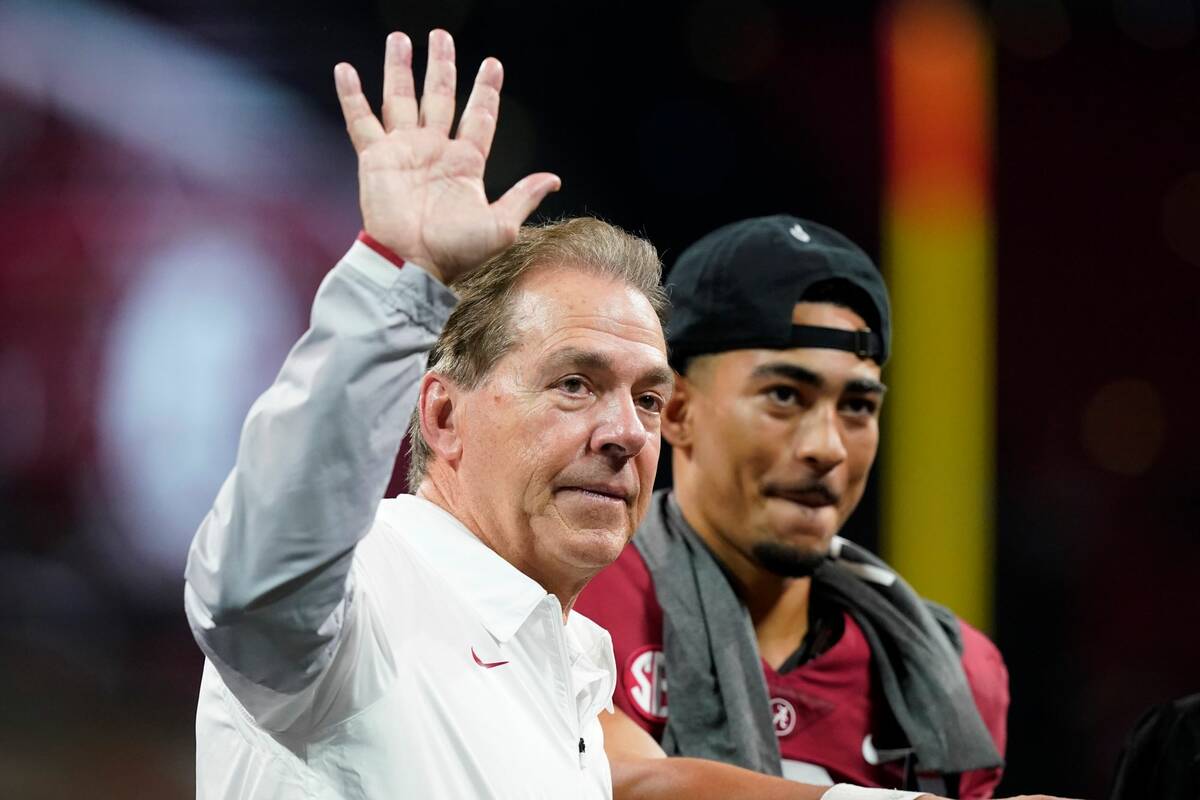 Alabama head coach Nick Saban waves to fans after the Southeastern Conference championship NCAA ...