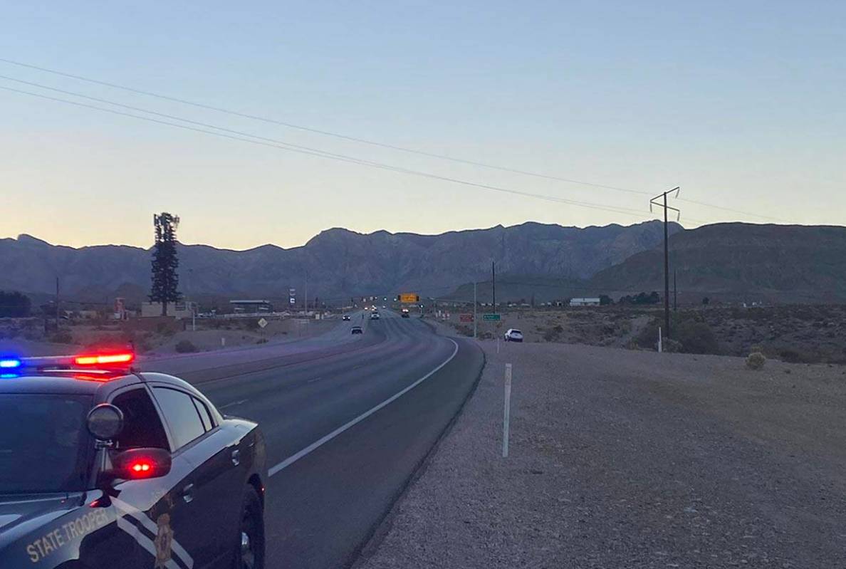 Nevada State Police at the scene of a fatal crash on state Route 160 near Red Rock on Saturday, ...