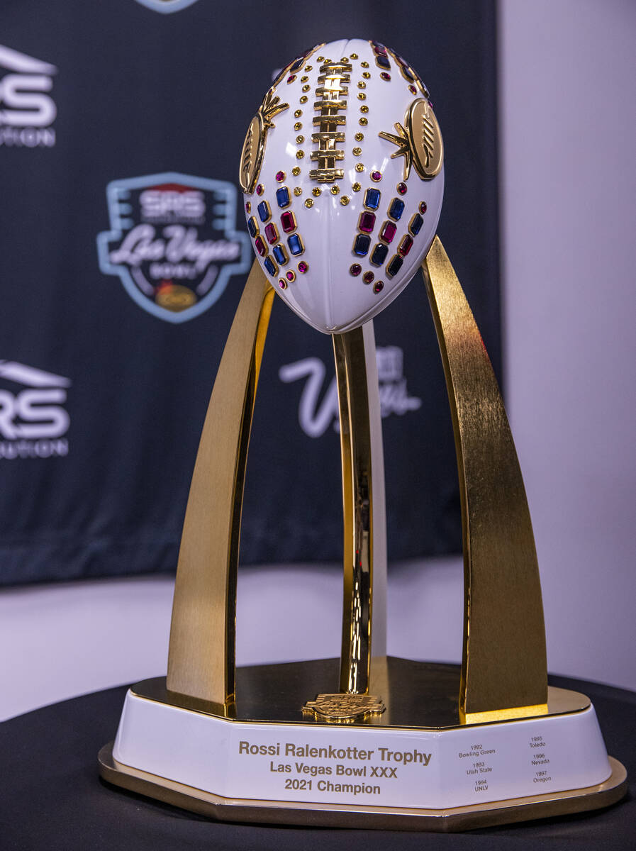 Rossi Ralenkotter Trophy for 2021 SRS Distribution Las Vegas Bowl winner during announcement fo ...