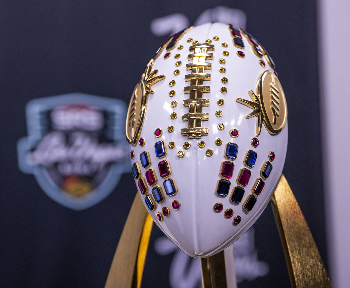 Rossi Ralenkotter Trophy for 2021 SRS Distribution Las Vegas Bowl winner during announcement fo ...