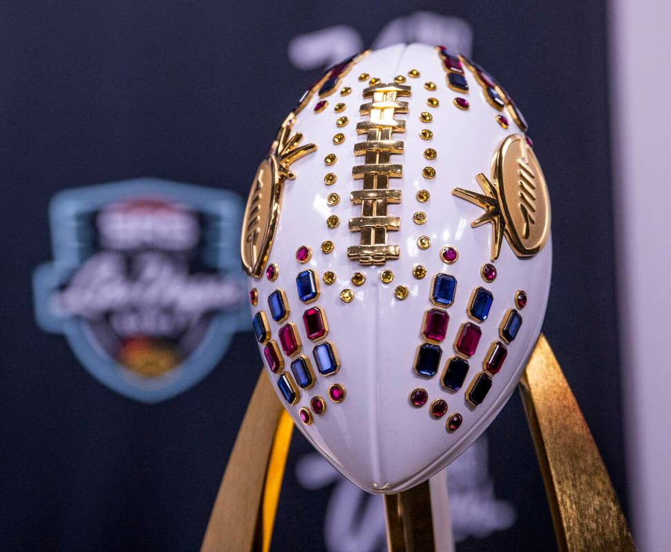 Rossi Ralenkotter Trophy for 2021 SRS Distribution Las Vegas Bowl winner during announcement fo ...