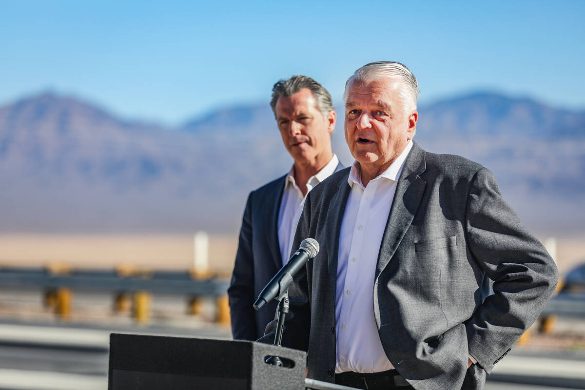 Nevada Gov. Steve Sisolak addresses the media next to California Gov. Gavin Newsom at a press c ...