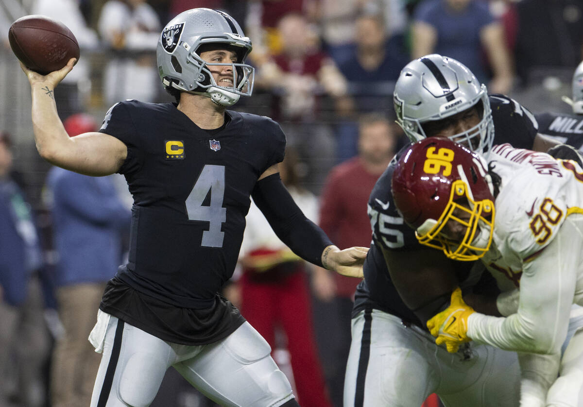 Raiders quarterback Derek Carr (4) makes a throw past Washington Football Team defensive end Ja ...