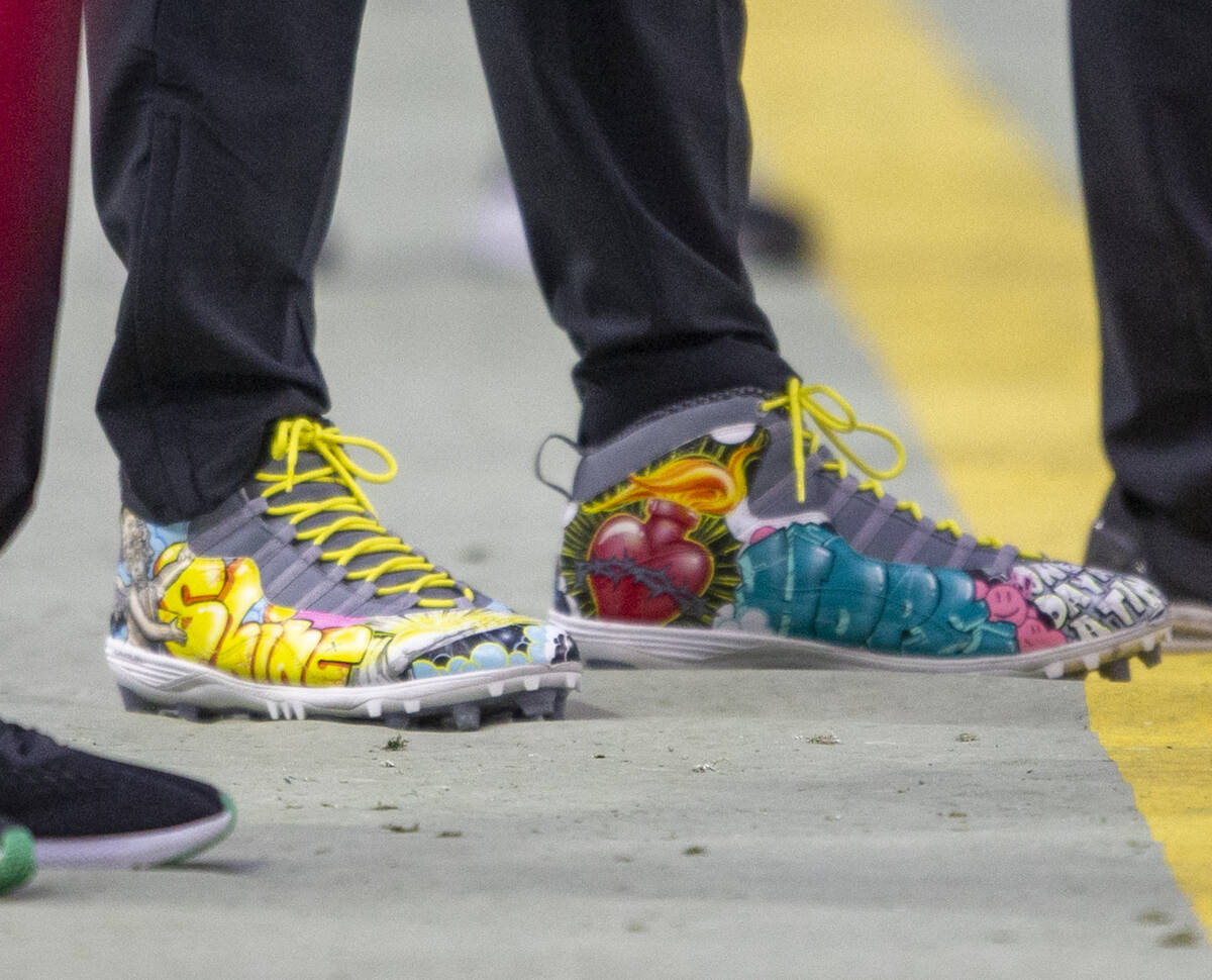 Raiders choky  extremity  Darren Waller (83) wears his My Cause My Cleats connected  the sideline during the se ...