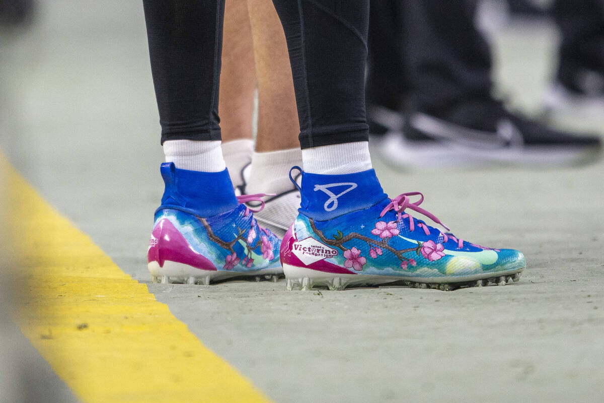 Raiders quarterback Marcus Mariota (8) wears his My Cause My Cleats during the second quarter o ...