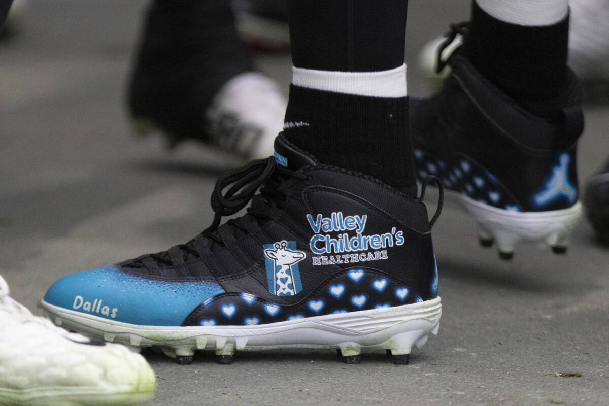 Raiders quarterback Derek Carr’s cleats for the My Cause My Cleats campaign before an NF ...