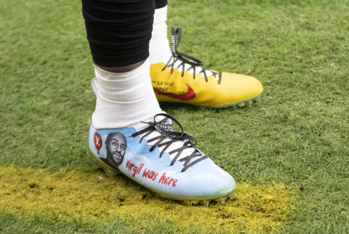 Raiders running back Josh Jacobs wears his My Cause My Cleats before an NFL football game again ...