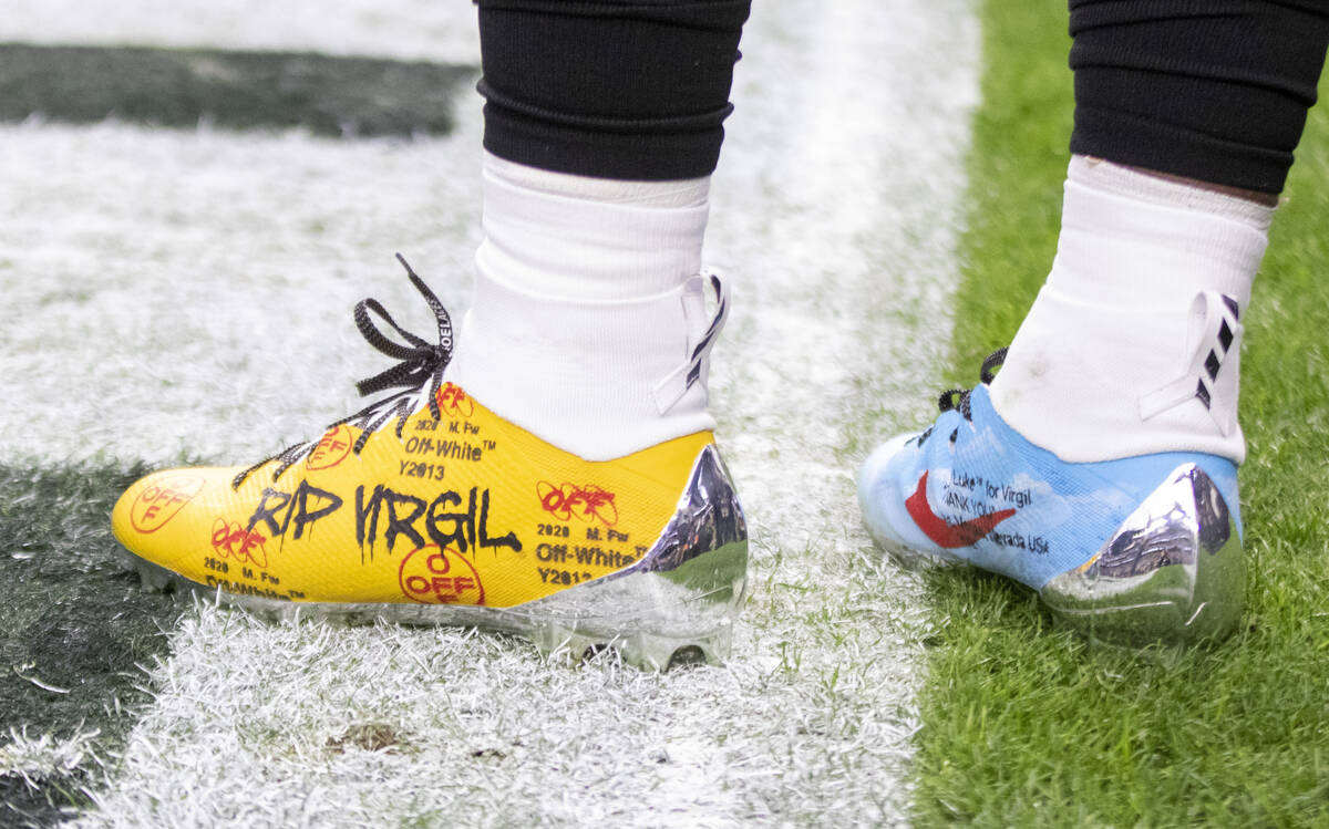Raiders running back Josh Jacobs wears his My Cause My Cleats before an NFL football game again ...