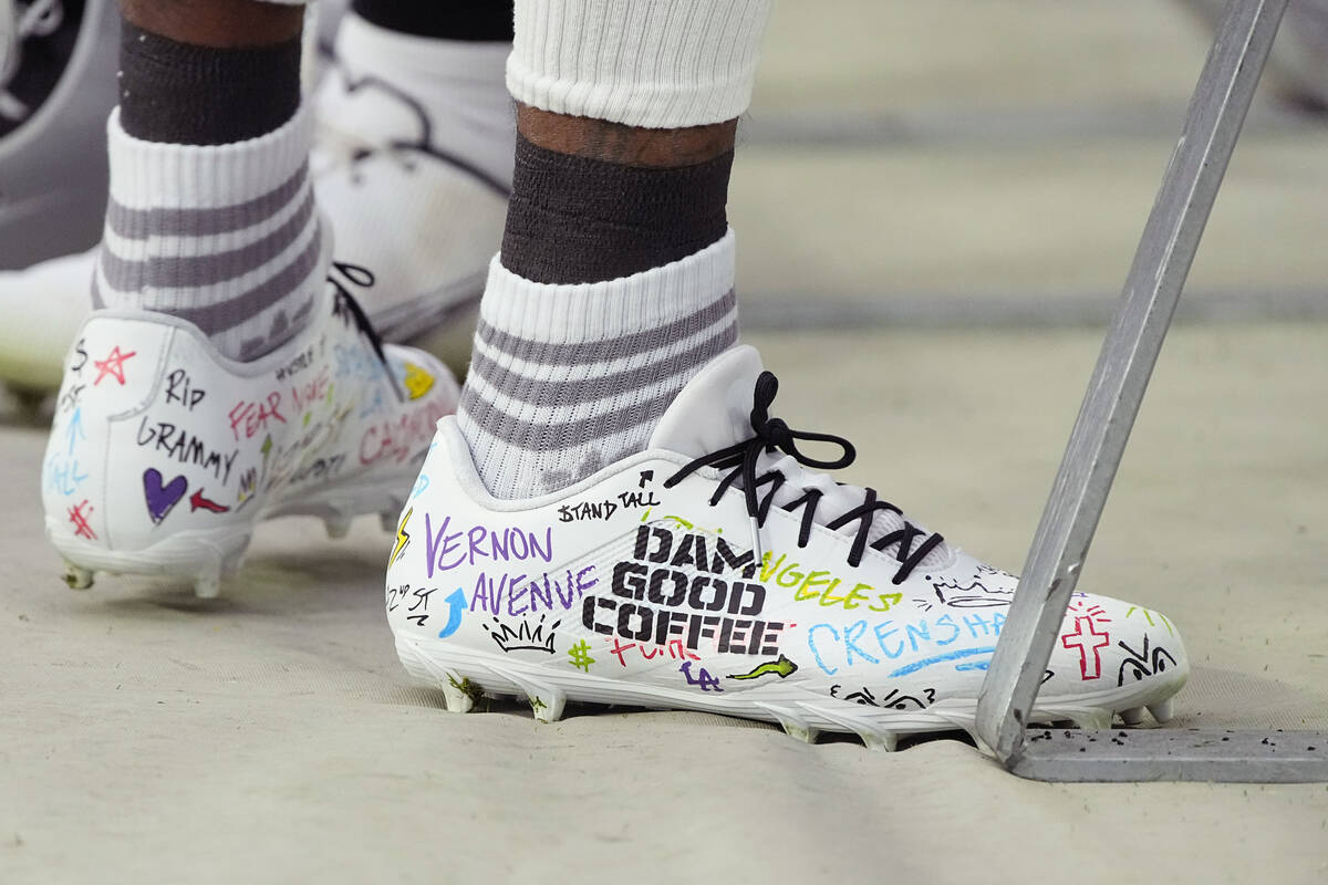 Las Vegas Raiders wide   receiver DeSean Jackson (1) wears My Cause My Cleats shoes earlier  an NFL ...