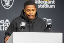 Raiders running back Josh Jacobs reacts to media questions during the post game press conferenc ...