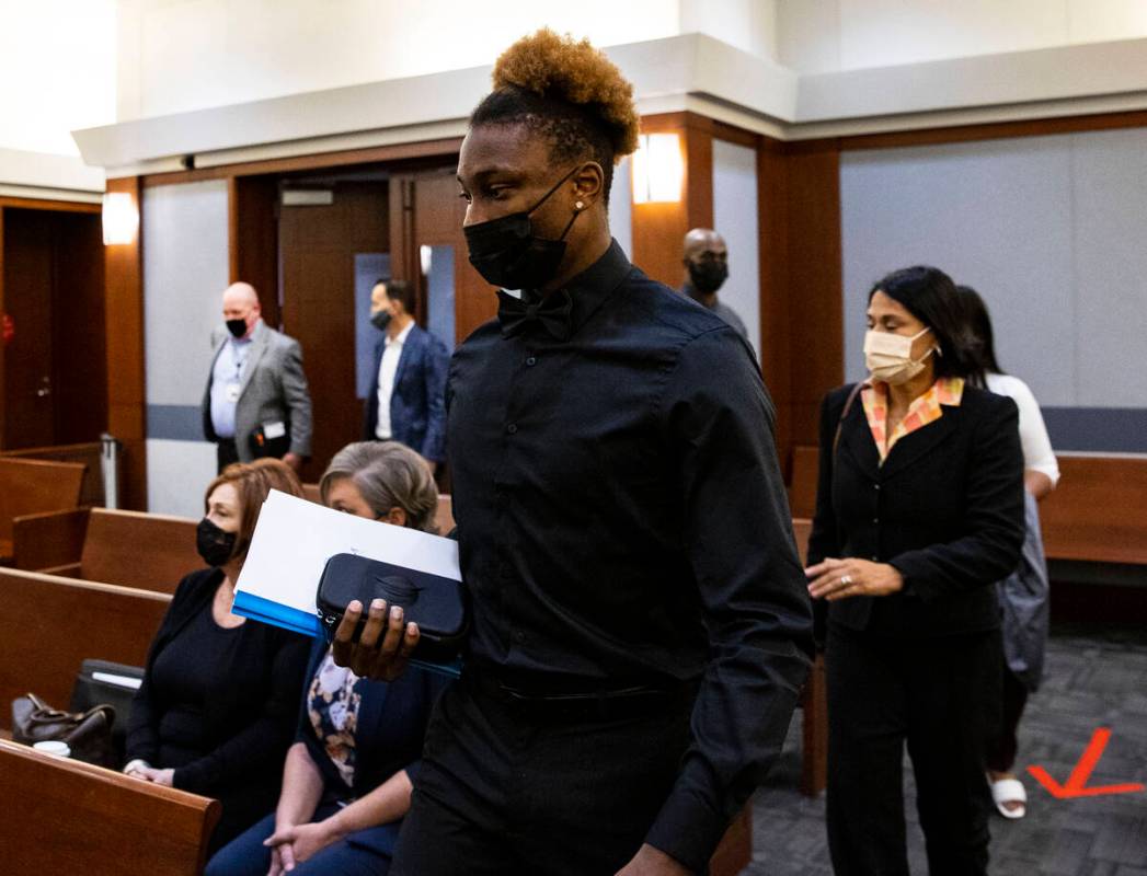 Henry Ruggs, former Raiders wide receiver, arrives at the courtroom for a hearing at the Region ...