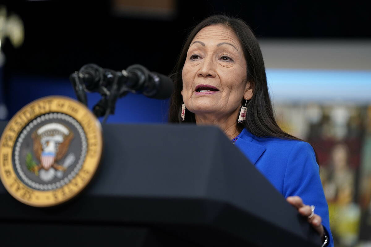 Interior Secretary Deb Haaland speaks in the South Court Auditorium on the White House campus o ...