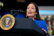 Interior Secretary Deb Haaland speaks in the South Court Auditorium on the White House campus o ...