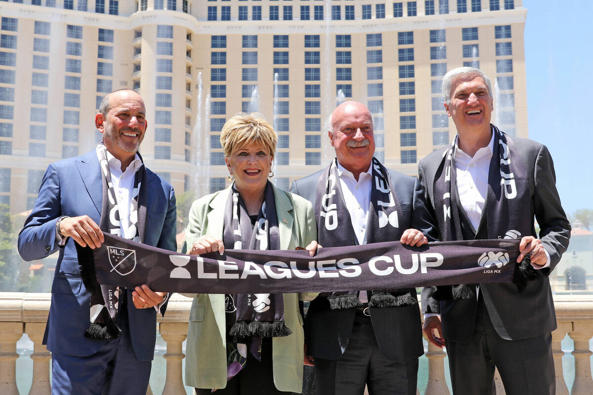 From left, Major League Soccer Commissioner Don Garber, Las Vegas Mayor Carolyn Goodman, Liga M ...