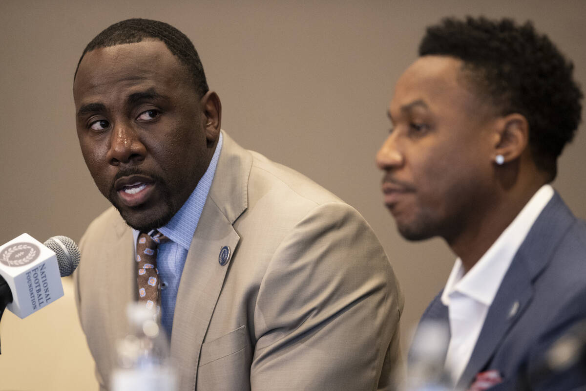 Inductee C.J. Spiller speaks during the College Football Hall of Fame introduction ceremony of ...